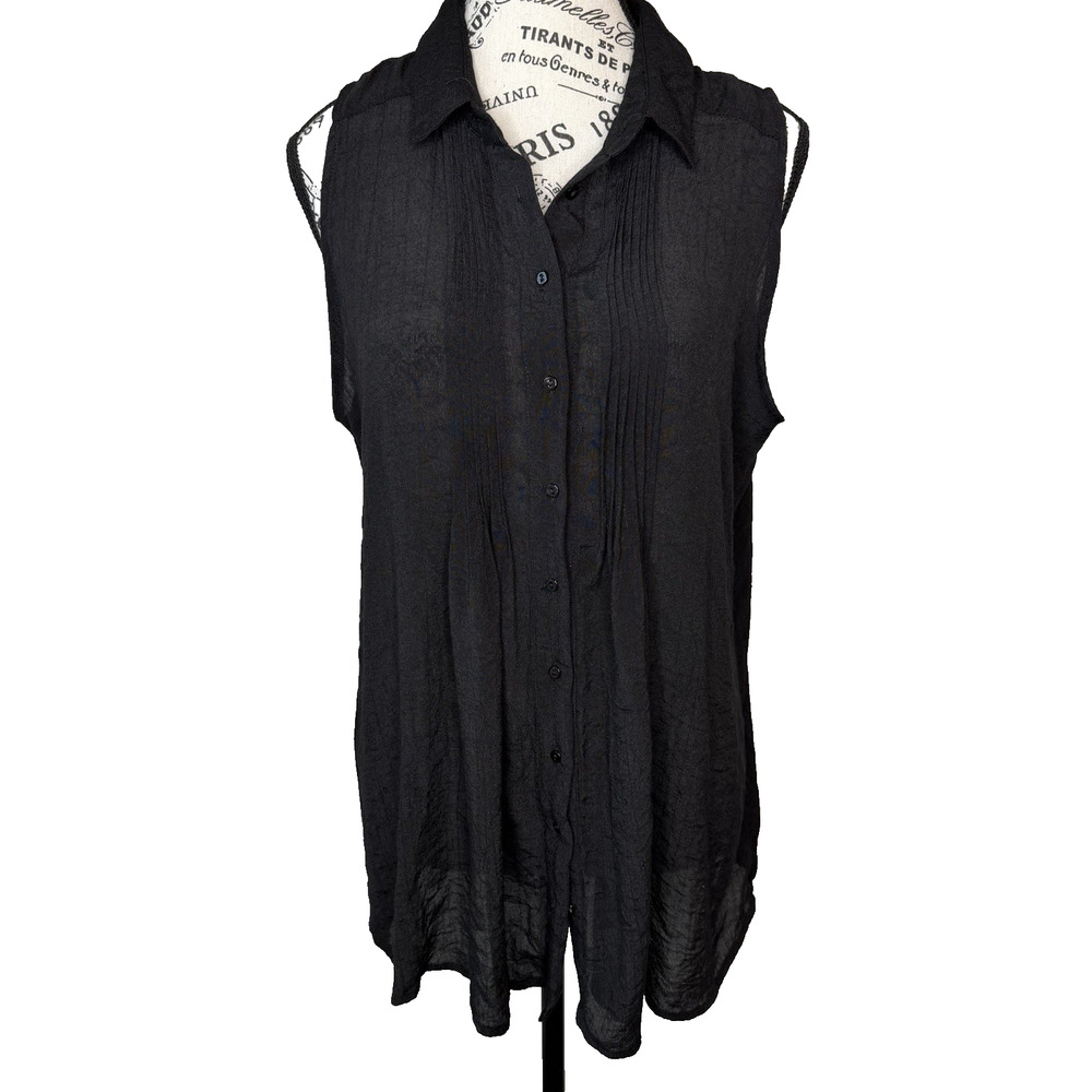Fever Women’s Sleeveless Top Size Large Button Front Black Semi Sheer Collared